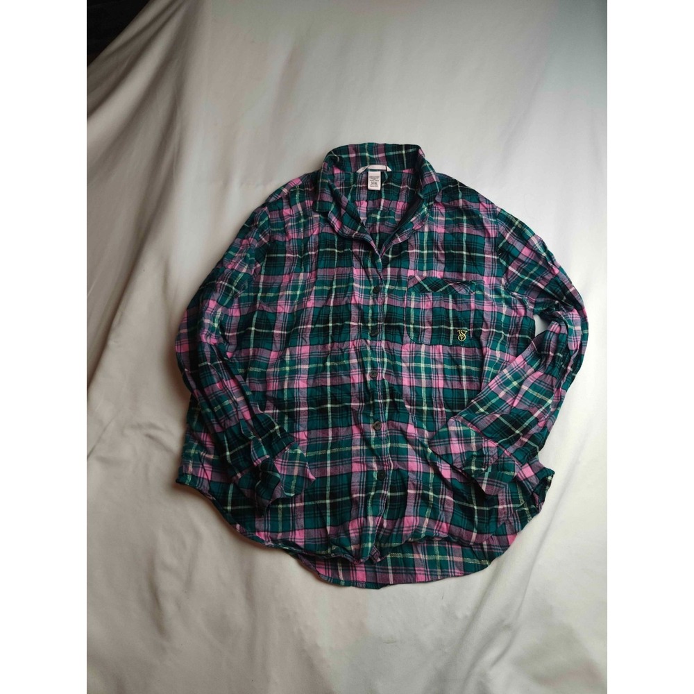 Victoria's Secret Plaid Pajama Top Womens Small Green Pink Flannel Sleepwear